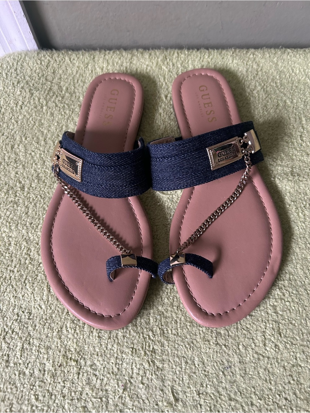 GUESS  Navy Denim Chain-Accent Toe-Ring Sandals